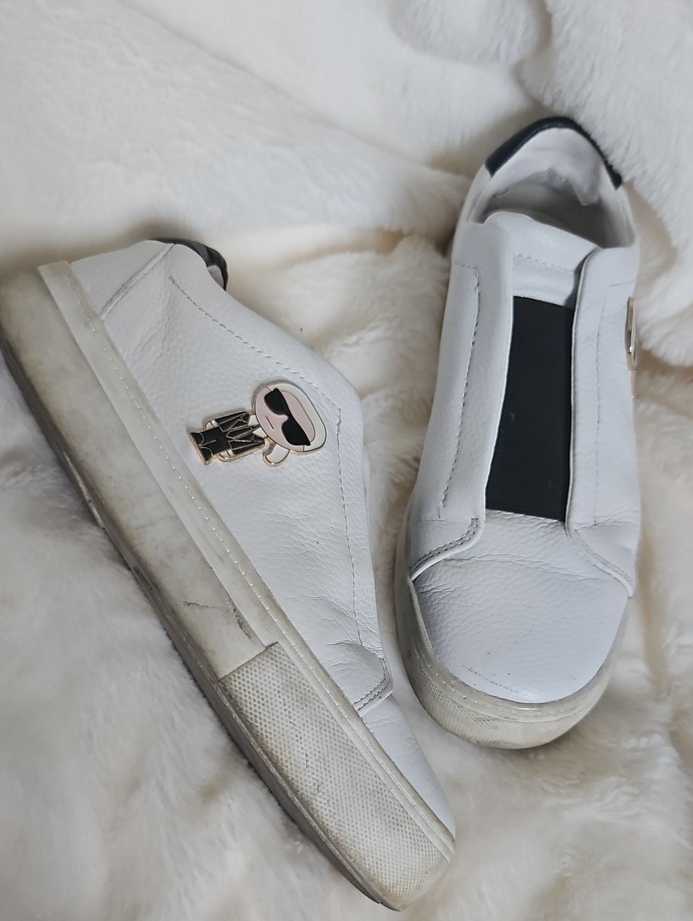 Karl Lagerfeld Paris White Leather Slip-On Sneakers – Karl Pin Accent